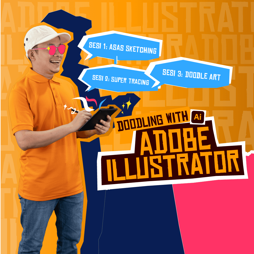 Adobe Illustrator Doodling Workshop Young man doodling with tablet, promoting Adobe Illustrator drawing workshop.