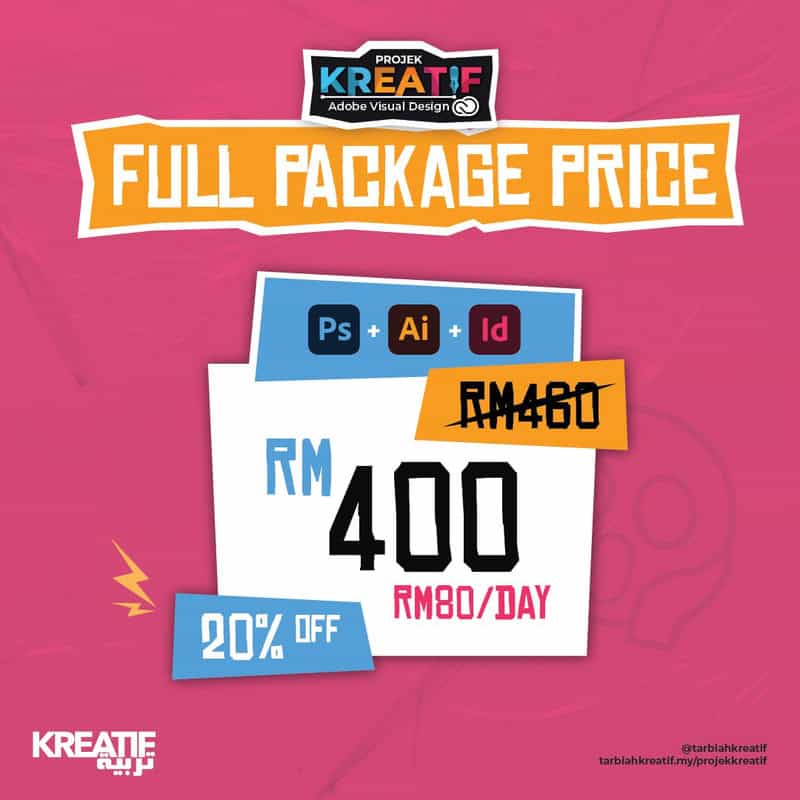 Full Package Price Promotion Graphic design promotion offering a full package for Adobe Photoshop, Illustrator, and InDesign.