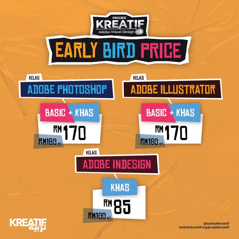 Early Bird Price Offer Graphic design price list for Adobe Photoshop, Illustrator, and InDesign classes.