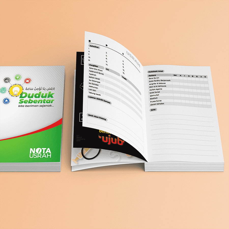 Grafik, Multimedia & AI Solutions Open notebook with graphic design and multimedia content on a peach background.