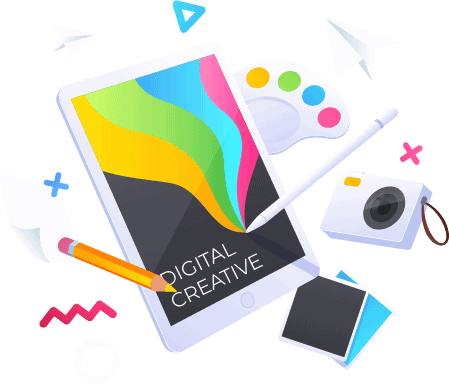 Digital art and multimedia creation on a tablet with stylus and art tools.