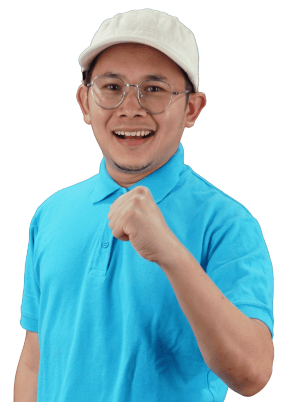 Creative man smiling with fist up, wearing blue polo and white cap.