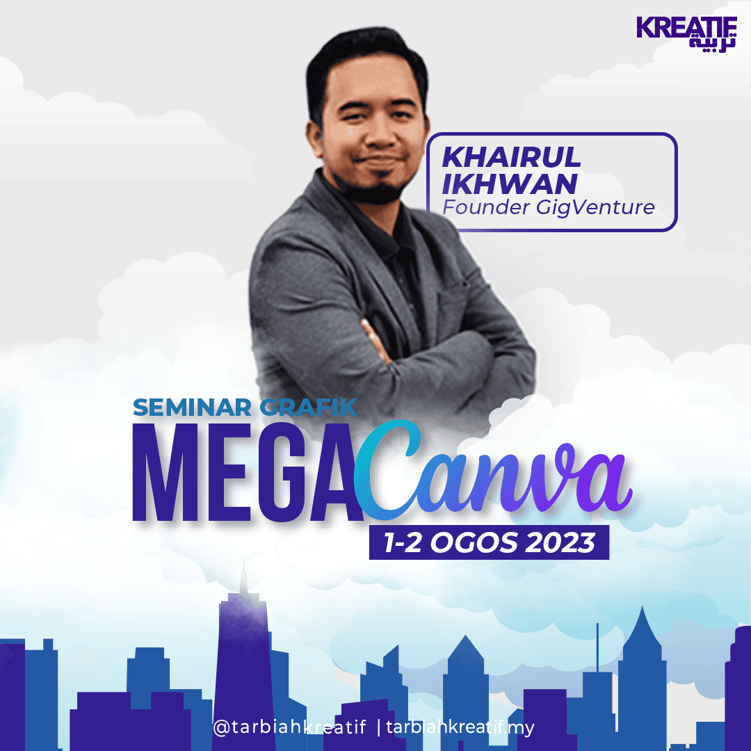 Solusi Grafik, Multimedia & AI Khairul Ikhwan, Founder of GigVenture, at MegaCanva Seminar, August 1-2, 2023.
