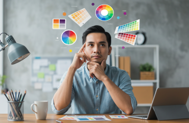 Man contemplating color choices with color palettes and charts in a creative workspace.
