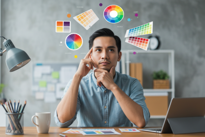 Man contemplating color choices with color palettes and charts in a creative workspace.