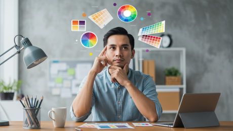 Man contemplating color choices with color palettes and charts in a creative workspace.