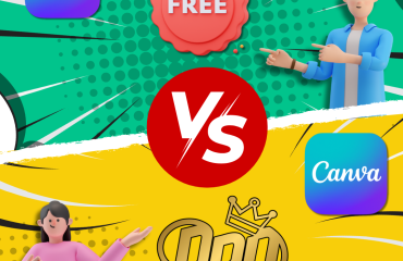 Canva Free vs Canva Pro comparison graphic Illustration comparing Canva Free and Canva Pro features with characters and icons.