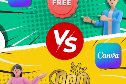 Illustration comparing Canva Free and Canva Pro features with characters and icons.