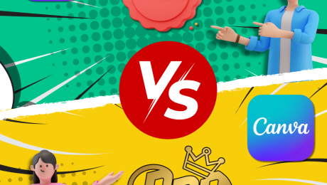 Canva Free vs Canva Pro comparison graphic Illustration comparing Canva Free and Canva Pro features with characters and icons.
