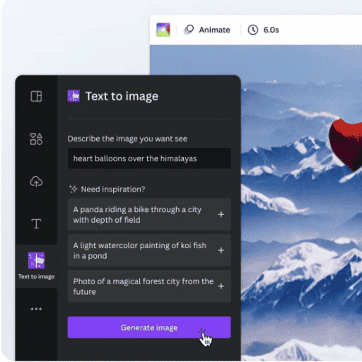 AI-generated image of heart-shaped balloons floating above snowy Himalayan mountains.
