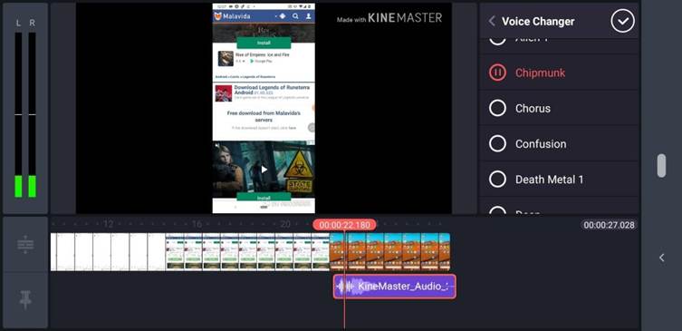 Mobile video editing app interface with timeline and audio effects.
