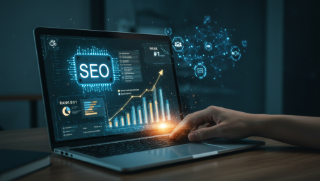 An image showing a digital dashboard with SEO analytics, graphs, and ranking data on a laptop screen.