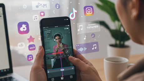 Woman editing viral TikTok and Reels video with social media icons floating around.