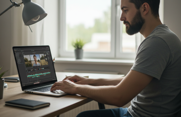 Creative Content Creator Using Laptop for Video Editing Man editing video on laptop for content creation and marketing strategies.