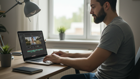 Creative Content Creator Using Laptop for Video Editing Man editing video on laptop for content creation and marketing strategies.