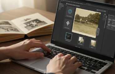 Person editing a vintage photo on a laptop using AI image enhancement software.