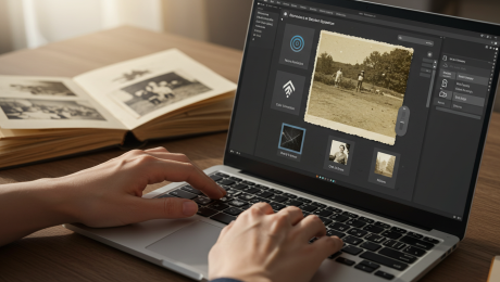 Person editing a vintage photo on a laptop using AI image enhancement software.