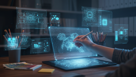 AI Tools for Graphic Designers in 2025 AI tools for graphic design displayed on a futuristic digital tablet.