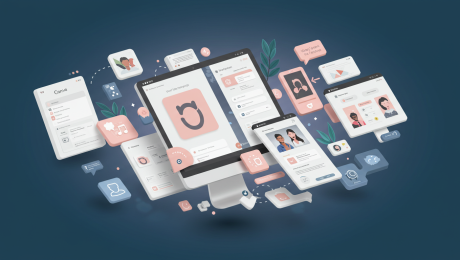 User interface design with multiple digital devices showcasing UX analysis tools. UX interface analysis for Canva's digital design platform.