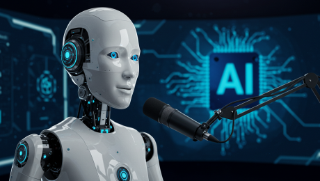 AI Voice Over Robot Futuristic robot with AI technology and microphone for voice-over creation.