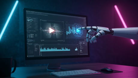Automasi Proses Editing Video dengan AI Powered robot editing video on computer screen.