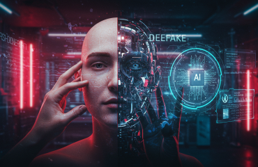 Deepfake Technology and AI Integration Human face combined with AI and digital interface elements, illustrating deepfake technology.