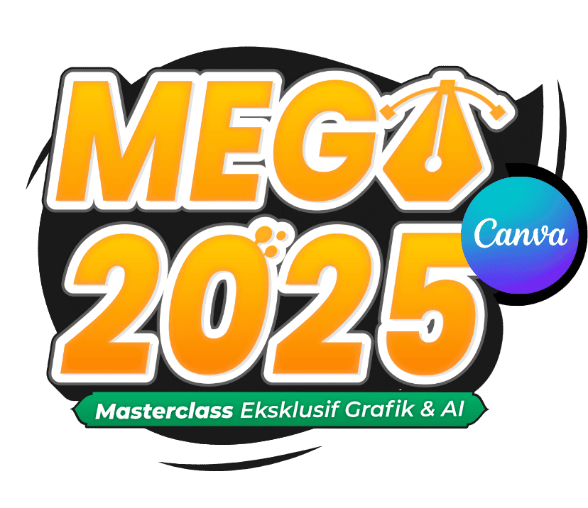 Logo ringkas program MEGA Canva 2025 - Masterclass Grafik & AI dengan elemen pen dan simbol Canva anjuran Tarbiah Kreatif