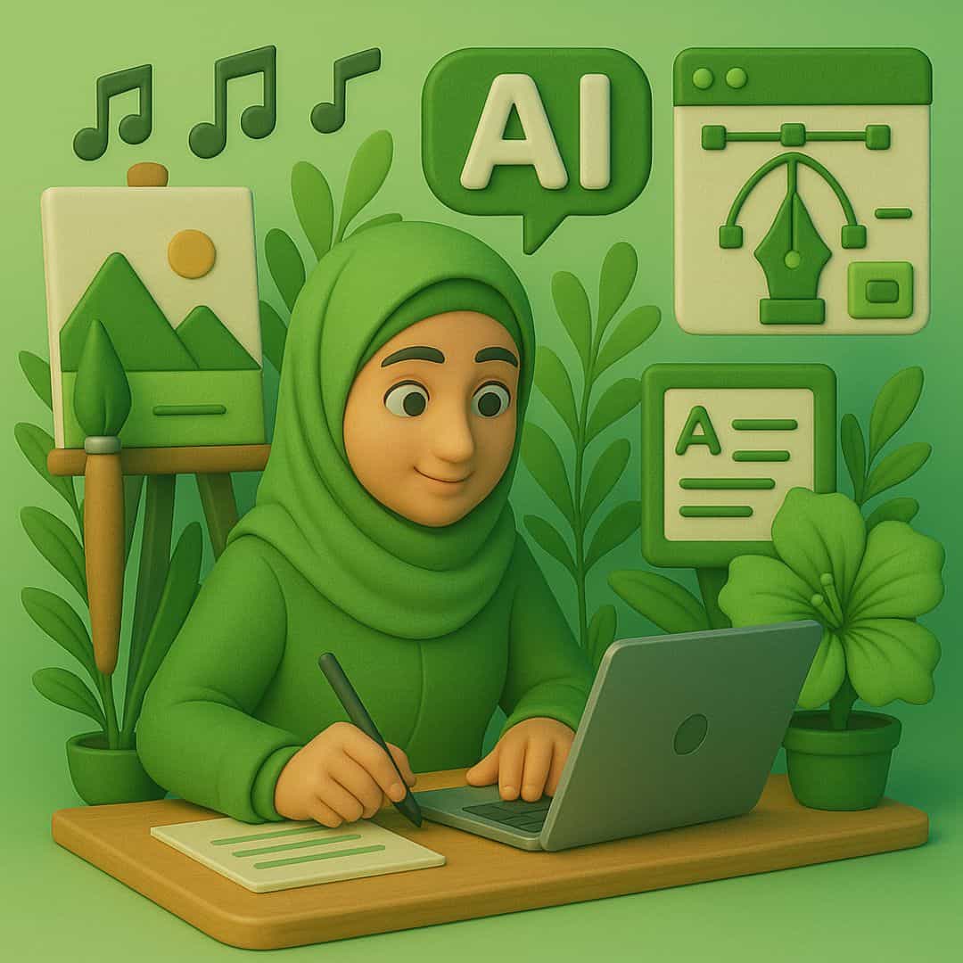 AI and multimedia design concept with a woman working on a laptop surrounded by creative icons.