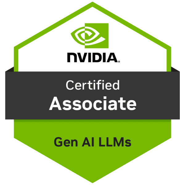 NVIDIA Certified Associate badge for Gen AI LLMs, featuring green and black design elements.
